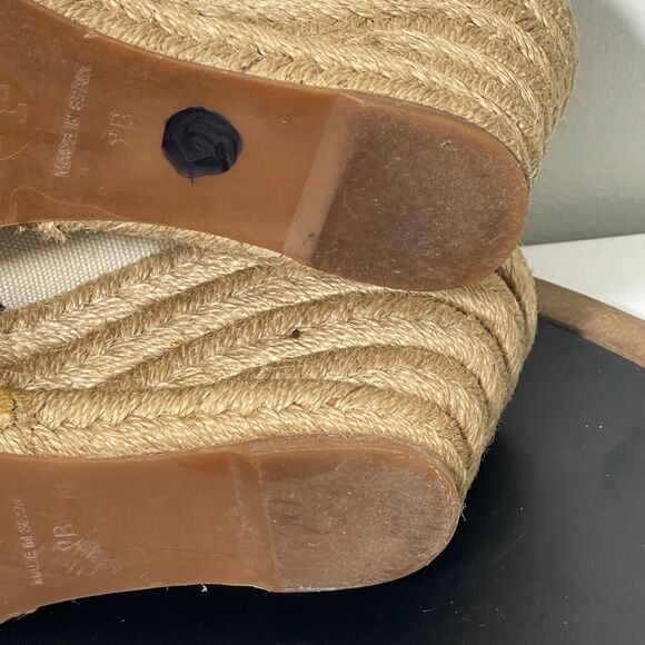 Tory Burch Espadrille Shoes Women 9‎ B Filipa Black Beige Canvas Peep Toe Wedge - Picture 10 of 12